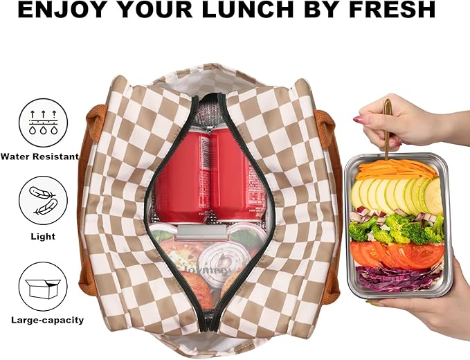 Joymee Lunch Bag Women Insulated Lunch Box Reusable Leakproof Large Spacious Cooler Tote for Women Men Adult with Bottle Holder and Side Pockets for Work Office Travel Picnic - Checker Brown