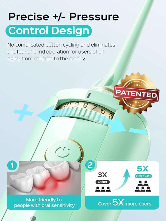 COSLUS Portable Water Flosser for Teeth: 10 Pressure Settings Professional Water Dental Pick for Orthodontic, Braces & Sensitive Gums - Cordless for Travel Use, for Adults Teens, BPA-Free, E40