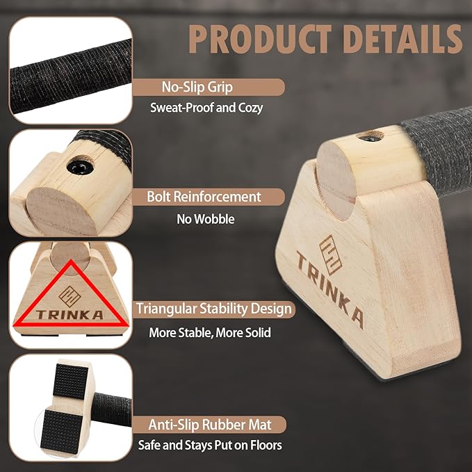 Wooden Parallettes Push Up Bars, 2 PCS Wood Calisthenics Bars with Non-Slip Base, Pushup Handles for Floor Home Fitness, Workout Equipment for Men and Women Strength Training