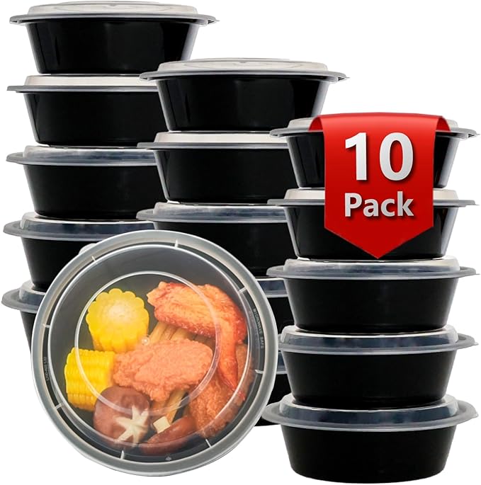 Meal Prep Containers Reusable 10 Pack-27 oz Food Storage Containers with Lids To Go Food Containers Takeout, Microwave Dishwasher Freezer Safe, Stackable, BPA Free, Plastic (Black)