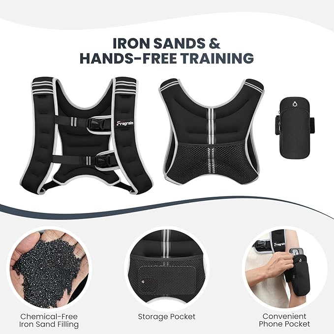 Fragraim Weighted Vest for Women Men - 8lb/10lb/12lb/16lb/22lb/25lb/30lb Weight Vest with Reflective Stripe, Detachable Phone Pouch, Ideal for Walking, Strength Training, Running, Workout, Cardio