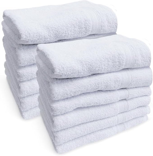 Towels N More - 12 Pack 22x44 Soft Gym Towels/Bath Towels White 100% Ring Spun Loops - Home Essentials Lightweight Bathroom Towels Set - Ideal Use for Gym, Hotels, Hair Dry Nail Salon