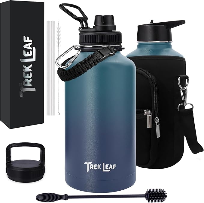 Travel Water Bottle with Carrying Bag, 3 Lids (Spout, Straw, Handle), and Bottle Brush; Leak Proof, Quality, Vacuum Insulated, Stainless Steel (Deep Water, 64 oz)