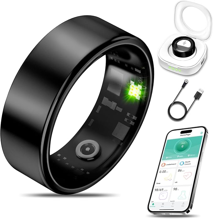 Smart Health Ring for Women Men Fitness Tracker with Heart Rate, Blood Oxygen, Blood Pressure, Sleep Monitoring, Step Counting, IP68 Waterproof for iOS and Android, No Subscription Fee, Black 14#