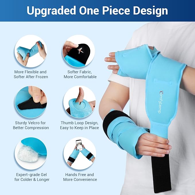 Comfytemp 24.5" Extra Long Wrist Ice Pack Wrap for Carpal Tunnel Relief, Reusable Gel Wrist Brace Hot Cold Compress for Hand Forearm Pain, Injuries, Arthritis, Surgery Gift, 2 Packs