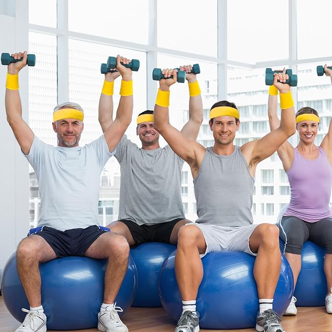 24 Pieces 80s Neon Sweatbands Set, Include 8 Sports Headbands and 16 Sweat Wristbands Elastic Athletic Tennis Sweat Bands Bulk for Man Woman