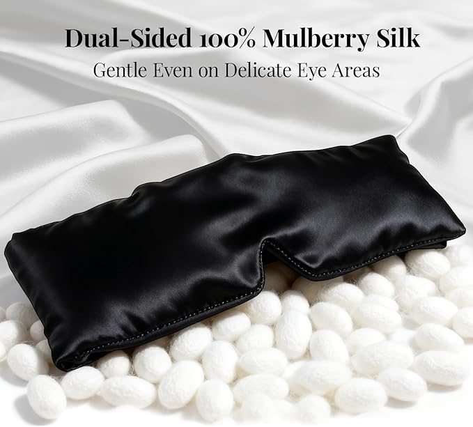 Mulberry Silk Sleep Mask for Men & Women - 100% Light Blocking Blackout Eye Mask for Side Sleepers, Adjustable Fit for All Heads, Soft Zero Pressure Comfort, Unisex Travel Eye Cover(Black)