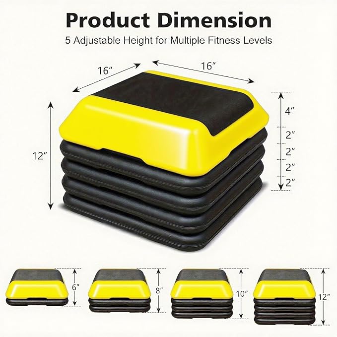 16" x 16" Adjustable Workout Aerobic Exercise Step Platformwith Adjustable Risers, Non-Slip Rubber Surface for Home Gym Cardio Training