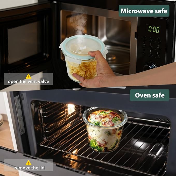 3 Cup Glass Meal Prep Containers With Turquoise Lids, Airtight 23oz glass Storage Container Set, Heat-Resistant BPA-Free for feeding the Southern Starter, Microwave, Dishwasher, Freezer Safe (6 Packs)