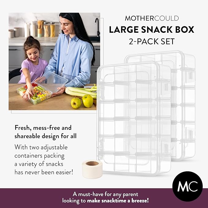 Large Kids Snack Box Containers Set of 2 -100 Labels, BPA-Free, Adjustable Compartments, Dishwasher Safe, Reusable Tray, Food Grade, Meal Prep Container, PARENT TESTED PARENT APPROVED AWARD (Clear)