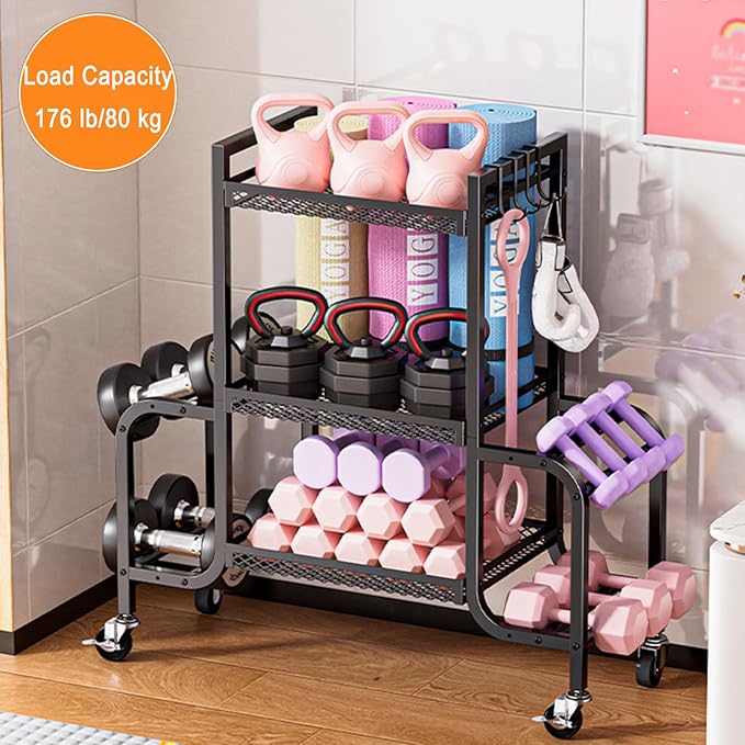 Dumbbell Rack, Adjustable Weight Rack with Hooks and Rolling Wheels, Workout Equipment Storage, Home Gym Storage for Dumbbell Yoga Mat Foam Roller Kettlebells Resistance Bands