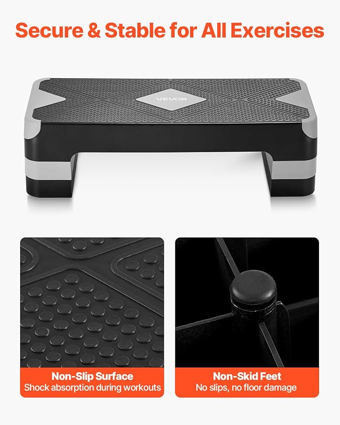 VEVOR Aerobic Exercise Step Platform, 28-Inch Workout Aerobic Stepper, Height Adjustable Fitness Training Step Deck Trainer with 4 Risers, Non-Slip Surface Bench for Home Gym Cardio Strength
