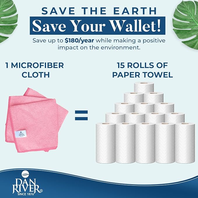 DAN RIVER 12-Pack Pink Microfiber Towels โ Ultra Absorbent, Lint-Free & Streak-Free Kitchen Cleaning Cloths for Home, Car & Kitchen - Must-Have Cleaning Essentials - 12" x 12"