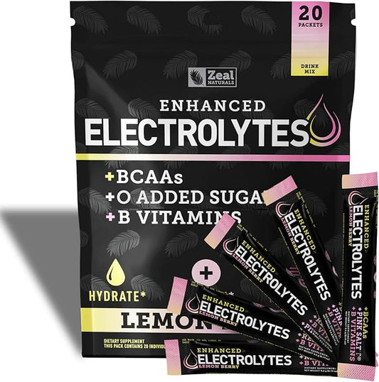 Enhanced Electrolyte Powder Stick Packs (Lemon Berry | 20 Packets) w/ 0 Sugar +BCAAs +B-Vitamins Electrolyte Supplement w Potassium Zinc & Magnesium for Hydration - Keto Electrolytes