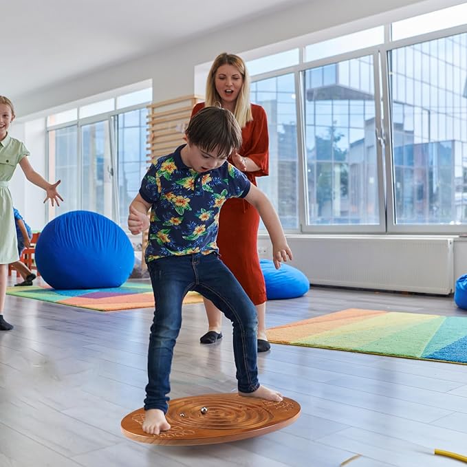 Maze Balance Board Wood Wobble Board with 2 Beads Rocker Balance Disk for Leg Workout, Exercise Training, Physical Therapy, Bodyweight Fitness, Skiing, Surfing, Skateboarding with Labyrinth