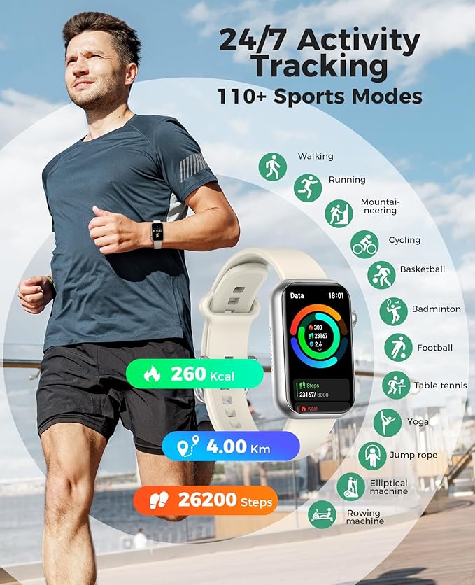 Smart Watch Fitness Tracker (Answer/Make Call), 24/7 Heart Rate Spo2 Blood Pressure Monitor Sleep Tracker, 114 Sports Modes Pedometer Calorie Step Tracker, Waterproof Activity Tracker for Men Women