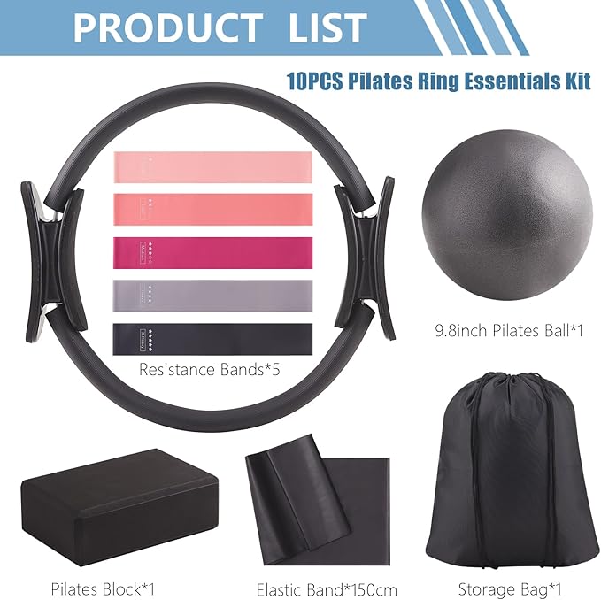 Pilates Kit at Home 10PCS Pilates Equipment with 11.81Inch Pilates Ring 9.8Inch Ball 5PCS Stretching Strap Risistance Bands Block Gym Bag