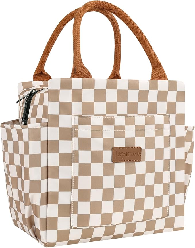 Joymee Lunch Bag Women Insulated Lunch Box Reusable Leakproof Large Spacious Cooler Tote for Women Men Adult with Bottle Holder and Side Pockets for Work Office Travel Picnic - Checker Brown
