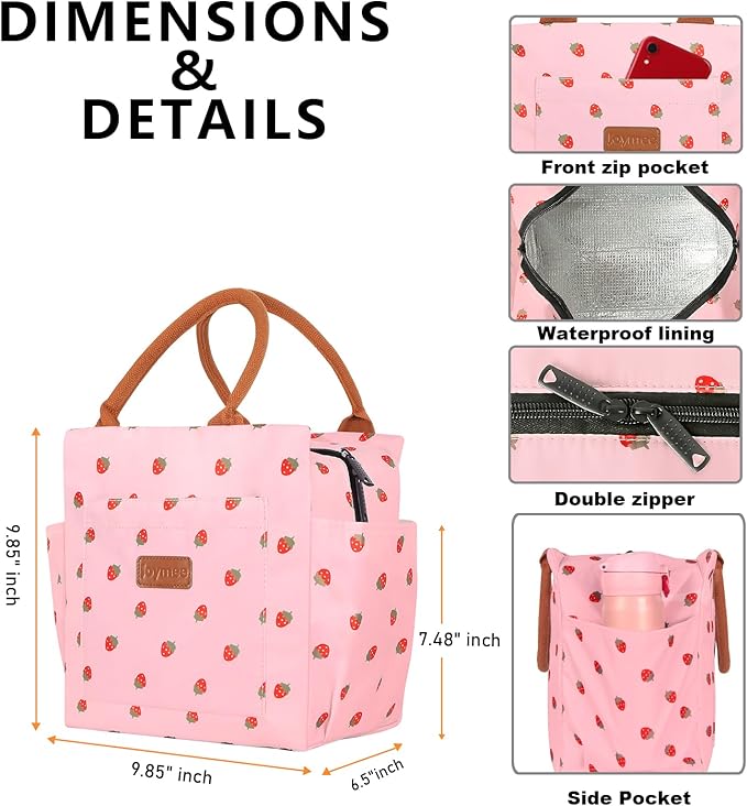 Joymee Lunch Bag Women Insulated Lunch Box Reusable Leakproof Large Spacious Cooler Tote for Women Men Adult with Bottle Holder and Side Pockets for Work Office Travel Picnic - Strawberry Pink