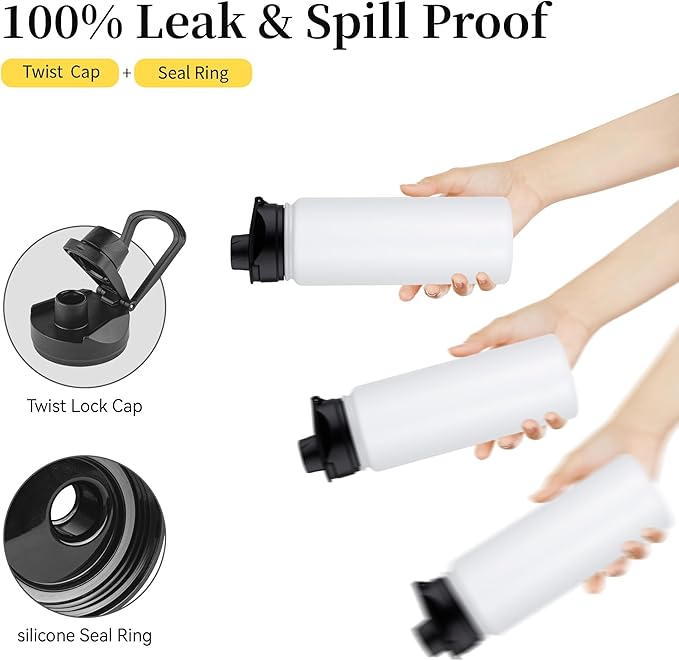 24 oz Insulated Water Bottle with Straw Lid & Wide Mouth Lids, Stainless Steel Sports Water Bottles, Double Walled Vacuum, Leak Proof, White