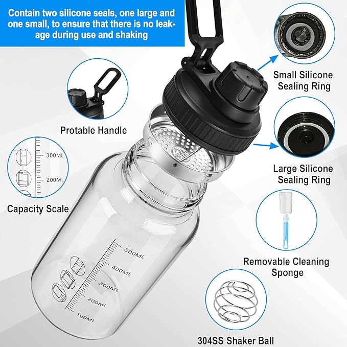 Glass Shaker Bottle, 2 Pack 22oz BPA-Free Odorless Shaker Bottle with 304 Stainless Steel Ball and Removable Cleaning Brush for Fitness Protein Mixes