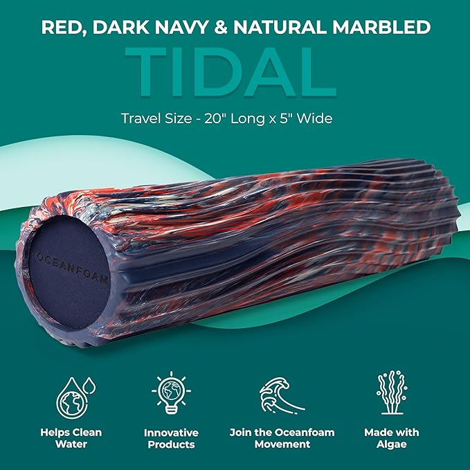 Oceanfoam Tidal Roller - Red, Dark Navy & Natural Marbled - Muscle Massage Foam Roller for Back Pain & Stretching - Firm & Ergonomic Wide Wave Textured - Yoga, Athletics, Wellness - Full Size 20" x 5"