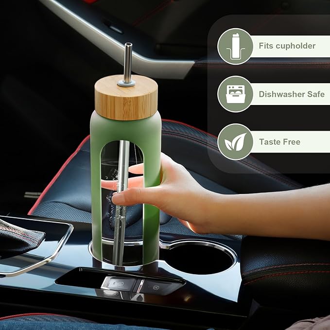 25 oz Glass Water Bottles - Motivational Tumbler Water Bottle Time Marker - Borosilicate Glass Water Bottle With Silicone Sleeve and 2 Lids, Handle Spout & Bamboo Straw Lid (Olive)