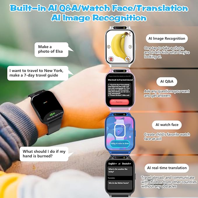 1.85" Kids Watch, AI(Translation/Q&A/Watch Face/Image Recognition)Smartwatches with Heart Rate,Sleep Monitor,Video Music Pedometer,NO APP/Phone, Gifts for 3-12 Years old Boys Girls(Built-in AI, Black)