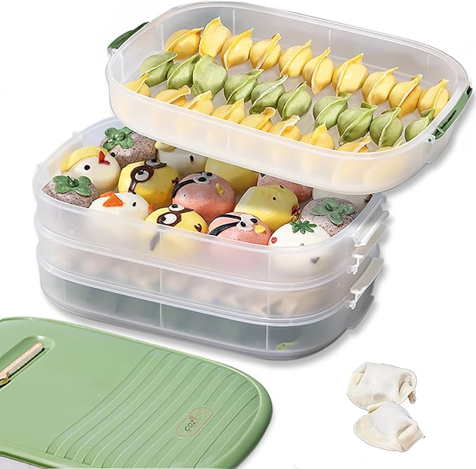 4-Layer Dumpling Storage Container – Freezer Organizer with Smart Timer, Good Sealing, Stackable Food Containers, Anti-Stick Base & Clip Lid (Green Lid & Transparent Box)