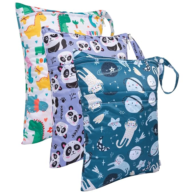 babygoal Wet Dry Bags for Baby Cloth Diapers, Washable Travel Bags,Beach,Pool,Gym Bag for Swimsuits &Wet Clothes with Two Zippered Pockets 3 Pack, 3LN04