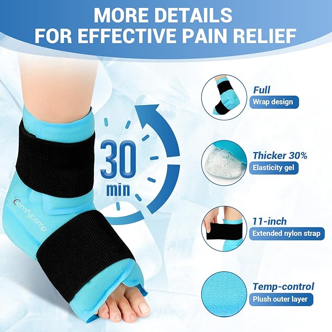 Comfytemp Large Ankle Foot Ice Pack Wrap for Plantar Fasciitis Relief, Ankles Brace for Sprained Ankle, Heel Spur, Swelling, Achilles Tendonitis, Pain, Hot & Cold Therapy, Surgery Get Well Gift, 2 Pcs