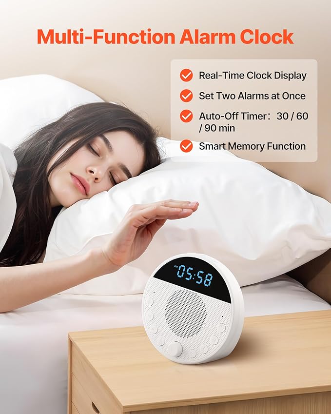 VEVOR Sound Machine, 18 Soothing Sleep Sounds and 7-Color Night Light, 5-in-1 White Noise Sound Machine with Dual Alarms, Auto-Off Timer and Memory Function, for Baby, Adults, Home, Office & Travel
