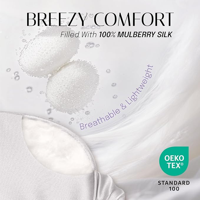 OLESILK Silk Sleep Eye Mask Blindfold with Double Layer Filling for Full Night's Sleep, Silk Wrapping Strap- Luxury Eye Cover Eyeshade for Women Men with Travel Bag and Ear Plugs, Silver