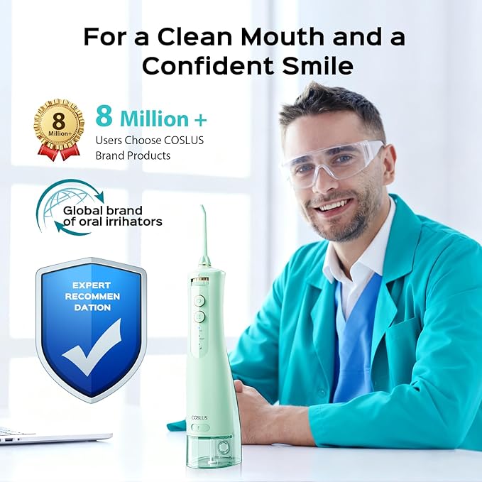 COSLUS Portable Water Flosser for Teeth: 10 Pressure Settings Professional Water Dental Pick for Orthodontic, Braces & Sensitive Gums - Cordless for Travel Use, for Adults Teens, BPA-Free, E40