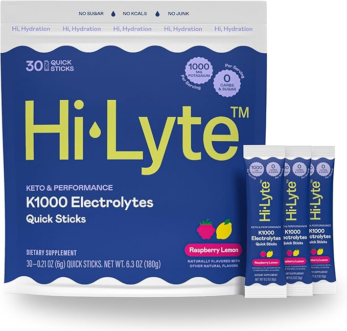 Hi-Lyte K1000 Electrolytes Sticks Raspberry Lemon Keto & Performance, 30 Servings - 1000mg Potassium + Magnesium, Sodium, Trace Minerals - 0 Carbs, 0 Sugar