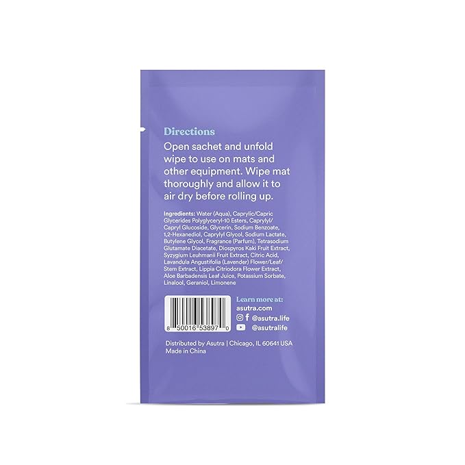 ASUTRA Yoga Mat Cleaning Wipes (Lovely Lavender), Individually Wrapped Wipes, 2 Boxes (30 Each) - No Slippery Residue, Deep-Cleansing for Fitness Gear & Gym Equipment