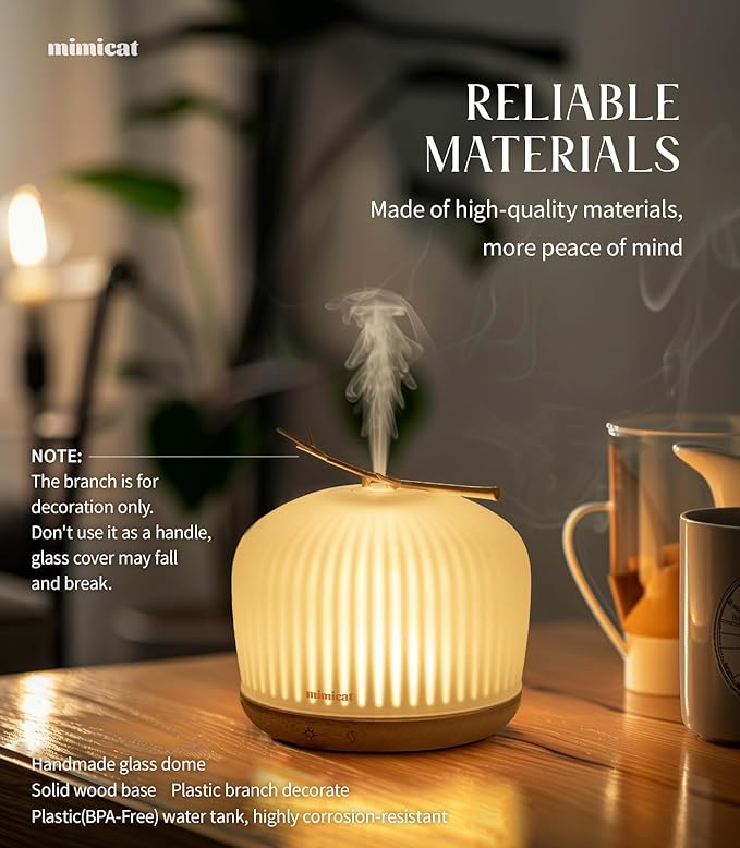 mimicat Quiet Aromatherapy Diffuser Glass: 230ML Ultrasonic Cool Mist Scent for Home with Night Light - Aesthetic for Women Girls