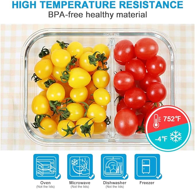 DAS TRUST 3 Pack Glass Food Storage Containers 2 Compartments Glass Meal Prep Containers with Lids for Adult Food Prep Containers with Divider Reusable Lunch Bento Box