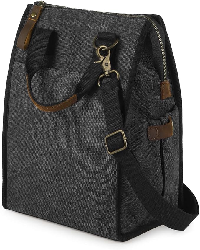 SMRITI Insulated Canvas Lunch Bag for Women/Men-9.6 L Reusable Leakproof Lunch Tote Bag for Work Picnic Beach - Fashion Lunchbox for Adults with Shoulder Strap(Dark Grey)