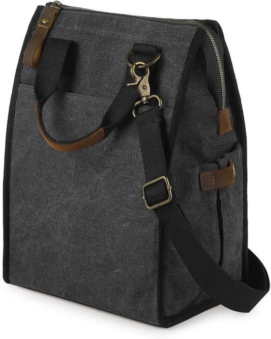 SMRITI Insulated Canvas Lunch Bag for Women/Men-9.6 L Reusable Leakproof Lunch Tote Bag for Work Picnic Beach - Fashion Lunchbox for Adults with Shoulder Strap(Dark Grey)