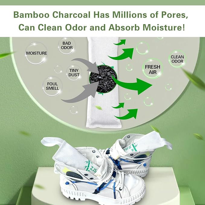 Charcoal Shoe Odor Deodorizer Inserts - Smells Eliminator for Sneakers, Boot and Gym Bag with Box Opener (6Packs, 2.8OZ/Pack)