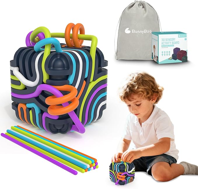 3D Silicone Sensory Fidget Cube for Autism & ADHD - FDA Food Grade Silicone Travel Toys for Kids and Adults, Quiet Stress & Anxiety Relief with 15 pcs 5 Color Strings & Carry Pouch