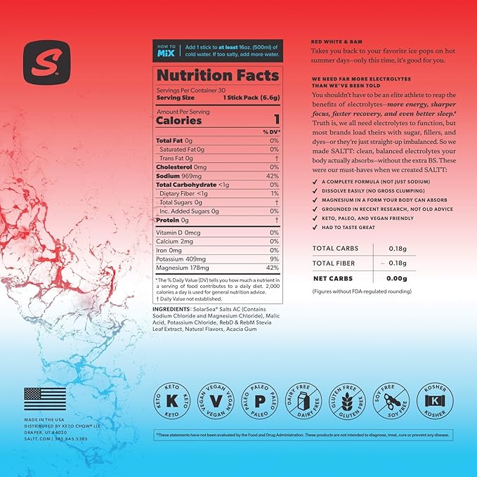Keto Chow SALTT Electrolytes Powder Packets, Red White & Bam (30 Hydration Packs) - Magnesium, Potassium, Sodium, Trace Minerals - Vegan, Sugar Free, Gluten Free - Travel Essentials - Made in USA