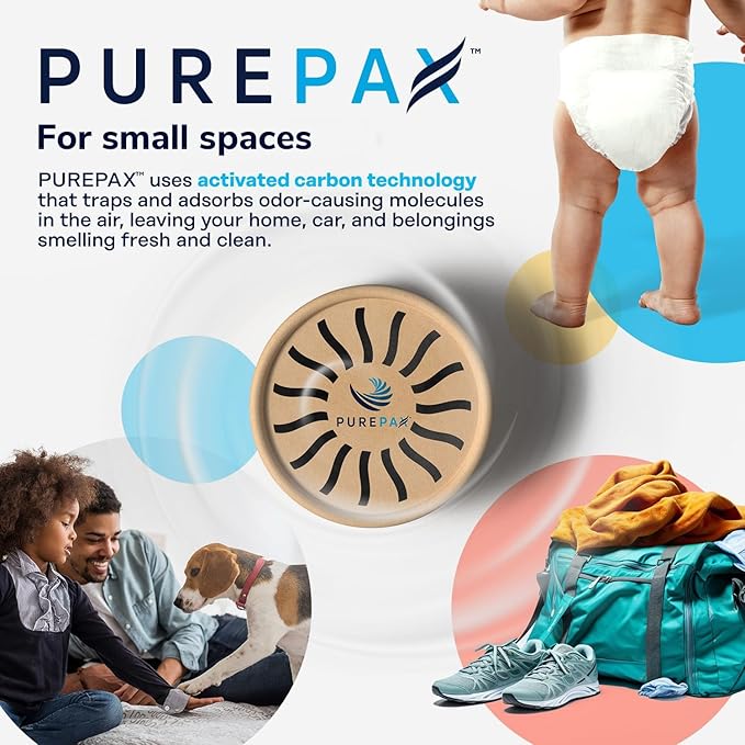 PUREPAX Odor Eliminator For Small Spaces - Premium Activated Carbon Charcoal Unscented 3 Count (Pack of 2) - Strong Odor Remover for Shoes, Fridge, Diaper Pail, Closet, Drawers, Car, Locker, Gym Bag
