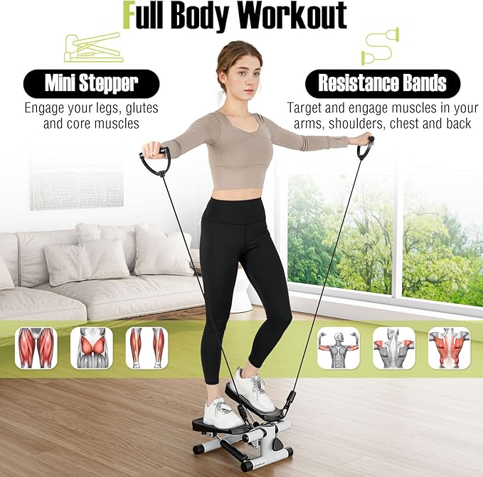 Goplus Steppers for Exercise at Home, Intensity Adjustable Hydraulic Mini Stepper w/Resistance Bands & LCD Monitor, Quiet & Portable Small Cardio Exercise Machine for Home Office or Under Desk