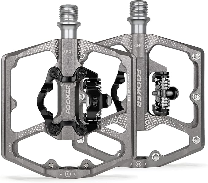 FOOKER MTB Mountain Bike Pedals, Dual Function Flat and Pedal,3 Sealed Bearing Flat Platform Compatible with Clipless Pedal Aluminum 9/16" Pedals with Cleats for Road Mountain BMX MTB