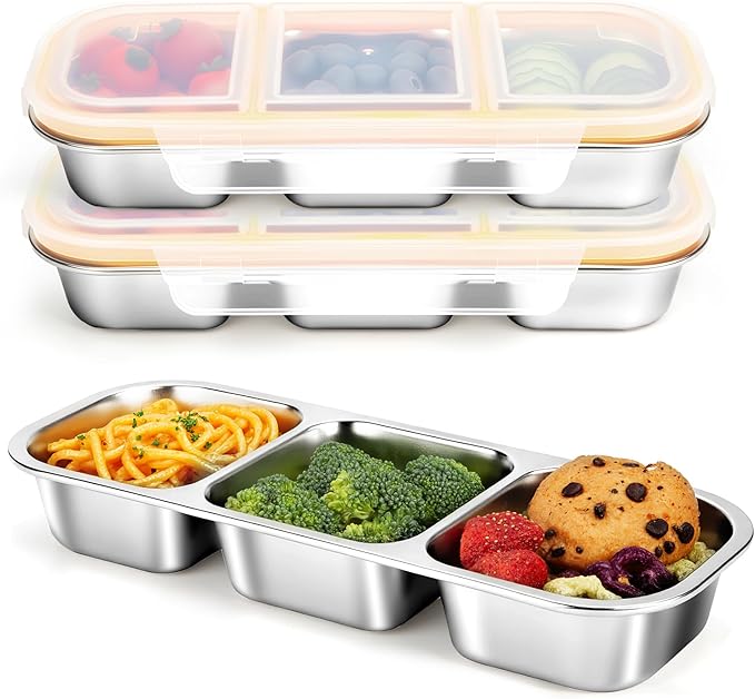 Stainless Steel Snack Containers, Reusable Snack Containers with Lids Stainless Steel Lunch Box with 3 Compartment Divided Food Storage for Home Work Travel Outdoor Camping (Yellow 3 Pack)