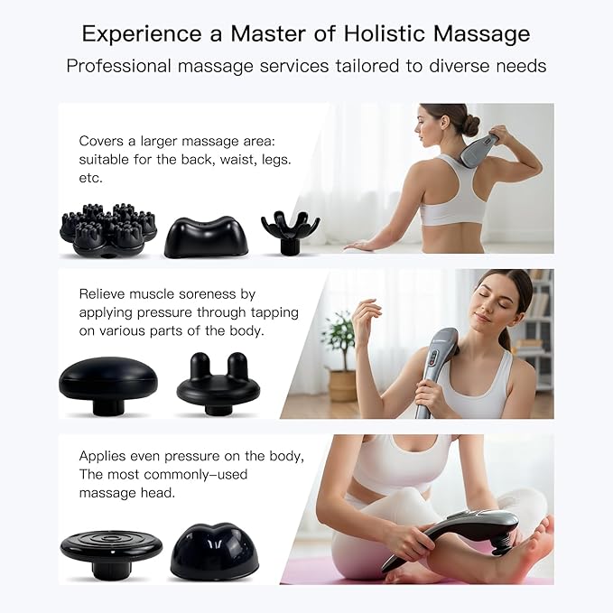 MEGAWISE Handheld Back Massager | Deep Tissue Percussion Massage for Back, Neck, Shoulders, Waist and Legs (Cordless Silver)