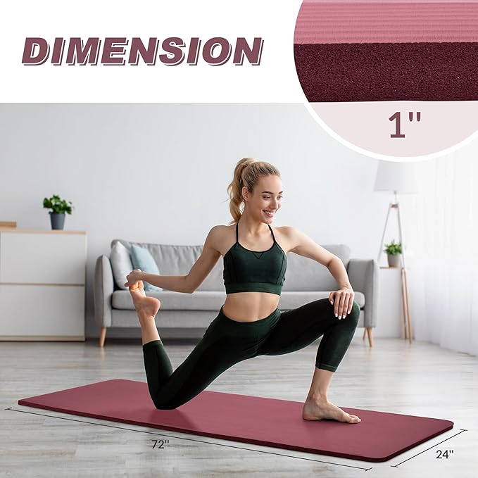 BalanceFrom 1-Inch Thick High-Density Exercise Yoga Mat, Non-Slip Workout Mat with Carry Strap for Men & Women, Ideal for Pilates, Stretching & Floor Exercises at Home or Gym, Multiple Color