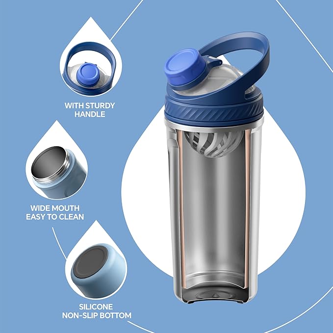 Ideus Protein Shaker Bottle 24oz(710ml) Insulated Stainless Steel Shaker Bottle with Silent Tritan Ball Portable Pre Workout Shaker Cups for Protein Shakes, Smoothies, Cocktails, Blue